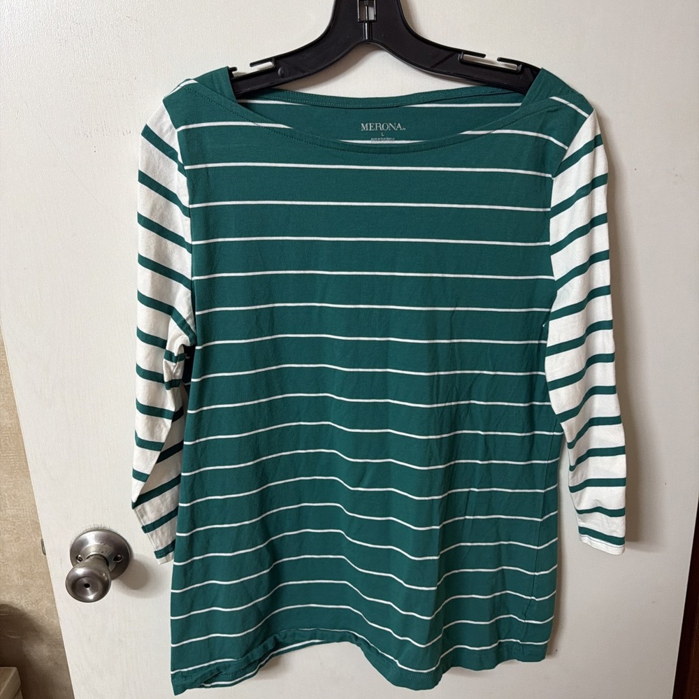 Merona  Boat Neck Top Women L Teal Green White 3/4 Sleeve Striped Preppy